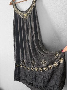 In Gear Resort Embroidered Crinkle Maxi Dress Cover Up Boho Artsy Pockets OS
